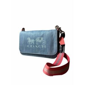 COACH Horse and Carriage Denim Shoulder Bag Messenger Bag Blue Pink